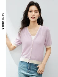 SENTUBILA Comfort Cardigan lavorato a maglia con maniche a lanterna impiombate 2024 estate coreano Casual con scollo a v maniche corte top donna W42H54921