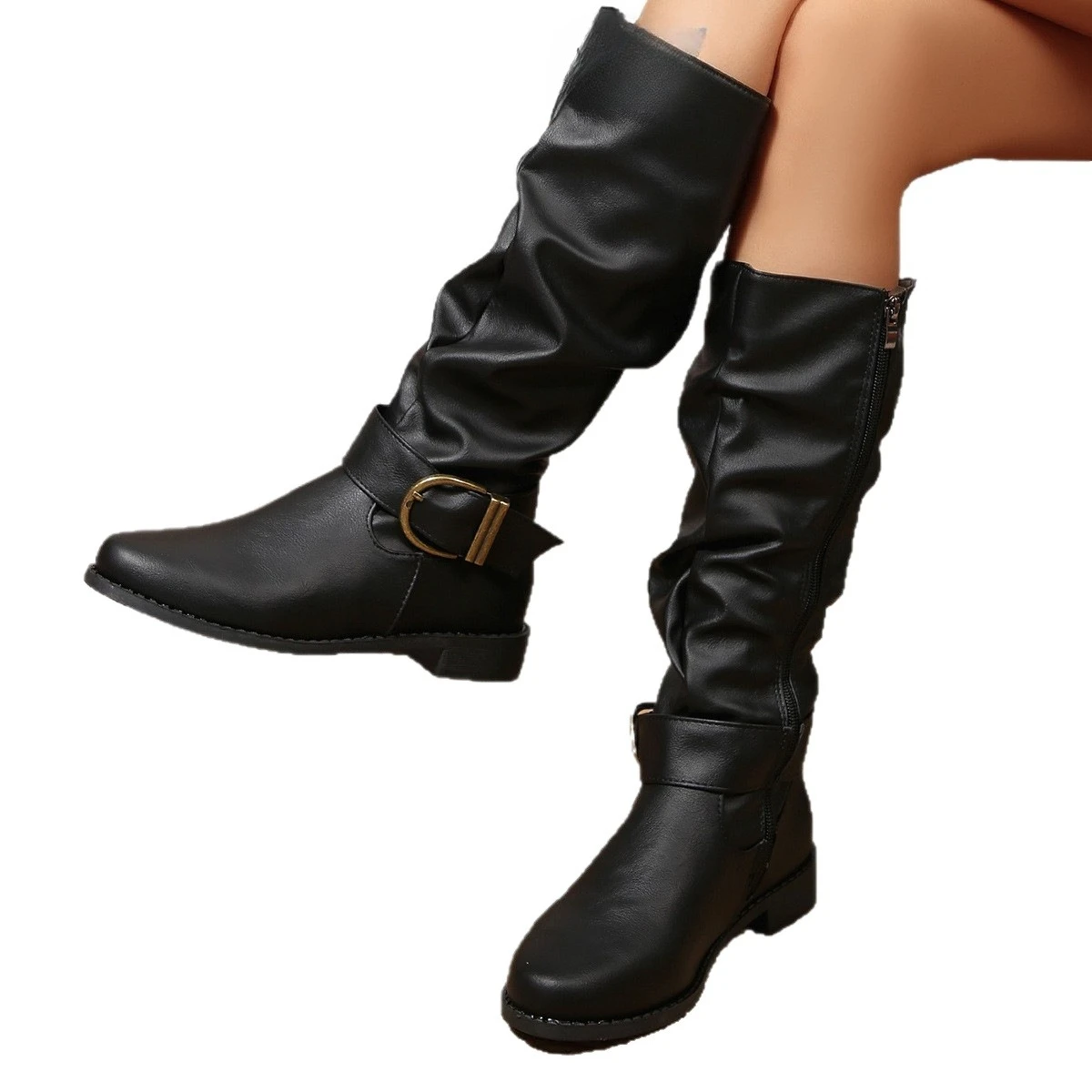 Vintage Brown Women Knee High Boots Big Size Low Heels Platform Long Boots Autumn Winter Pu Leather Zip Women Warm Booties