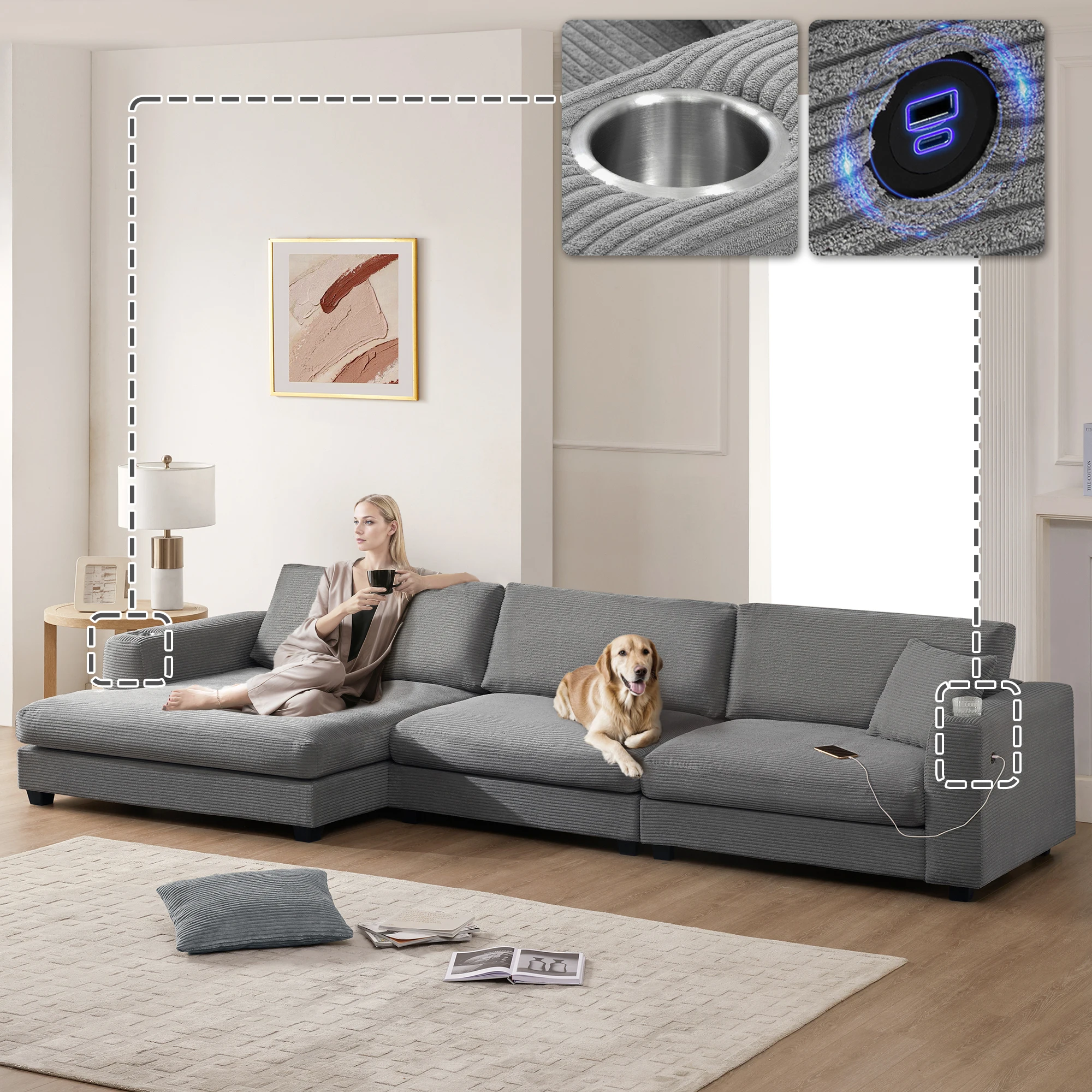 

134*54" Corduroy L-Shaped Cloud Sofa with USB Port & Cup Holder, 50" Chaise, Deep Wide Seat, 2 Pillows, Gray, Living Room
