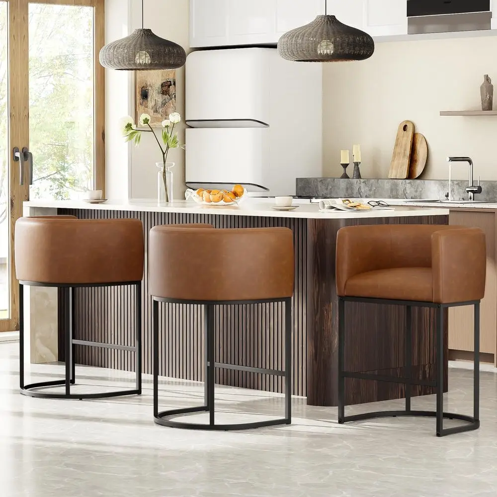 

H Counter Height Bar Stools Set of 3, Modern Barrel Counter Stools with Backrest and Arms, Faux Leather Upholstered Accent Bars