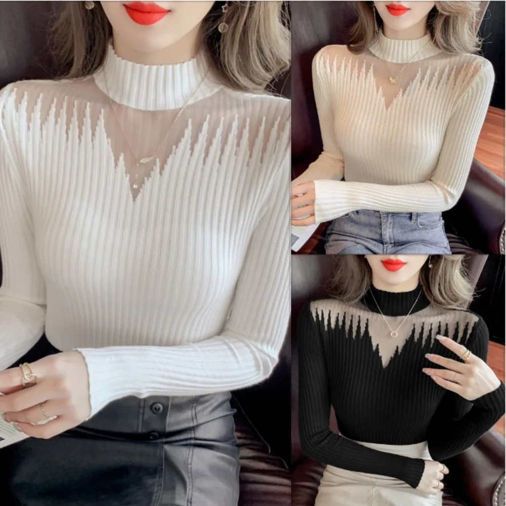 

Sexy Mesh Patchwork Sweater Women Solid Color Long Sleeve Slim Casual Half High Neck Bottoming Pullover Jumper