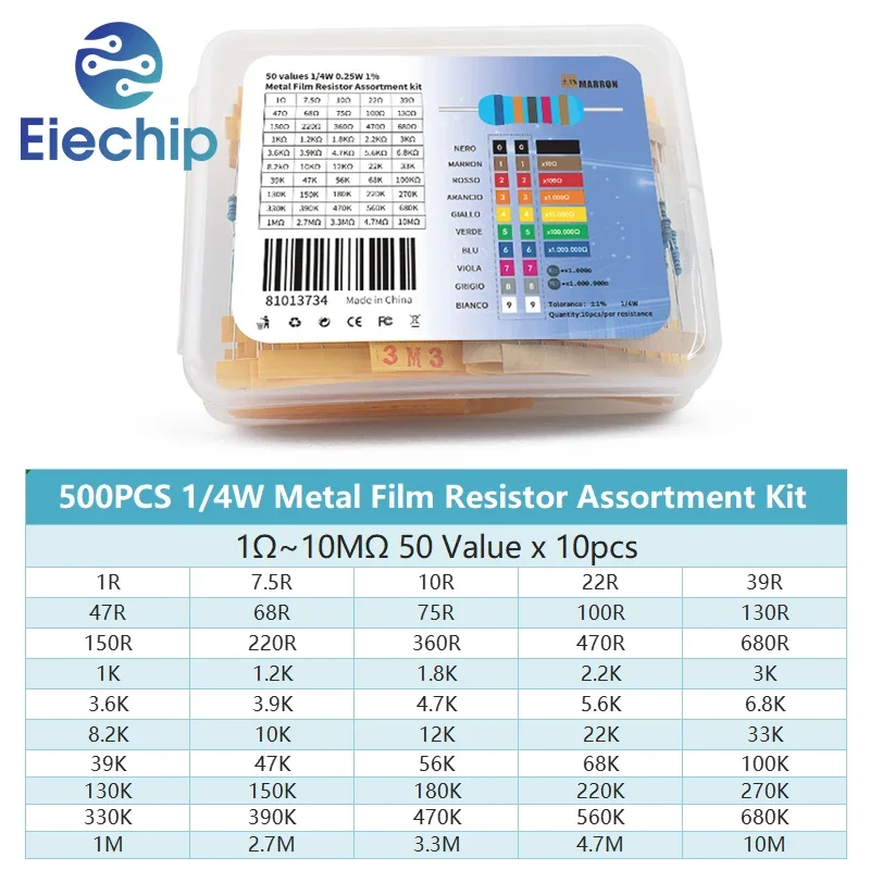 Kit surtido de resistencias de película metálica, kit de muestras de resistencias, 50 valores, 1/4W, 500 W, 0,25, 1R-10mR, 1ohm-10Mohm, 1% unidades