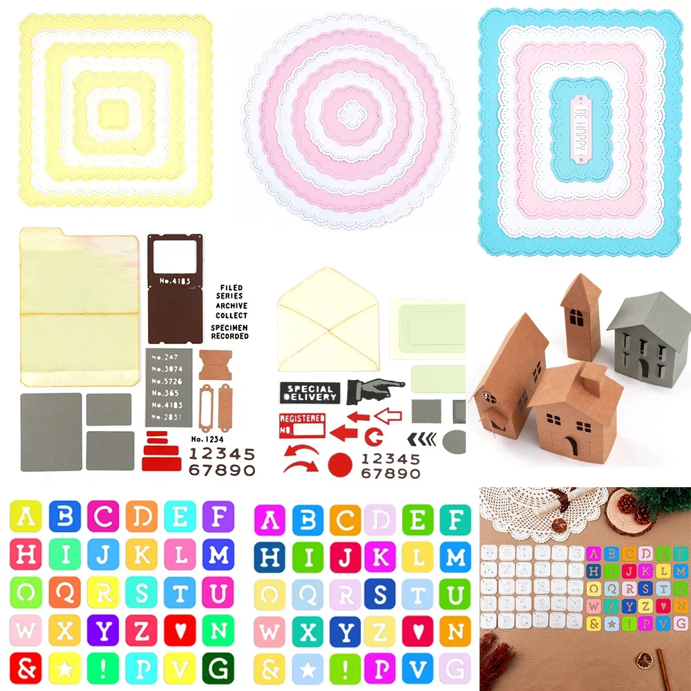 

Alphabet Table Rectangle Circle Layer Stitched Frame Cutting Die Envelope Paper Village DieCut For DIY Scrapbooking Craft Making