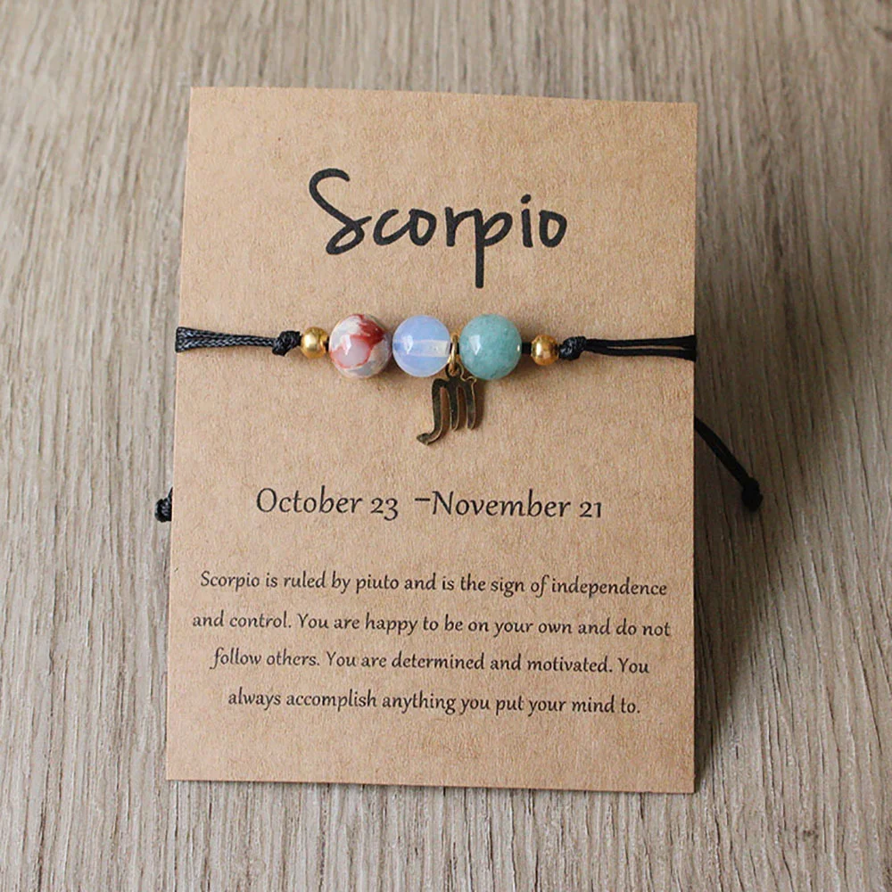 Handgefertigtes 12-Sternzeichen-Naturstein-Charm-Armband für Damen und Herren, geflochtenes Kartenpapier-Armband, Löwe, Jungfrau, Waage, Geschenk, verstellbar – Detail 11