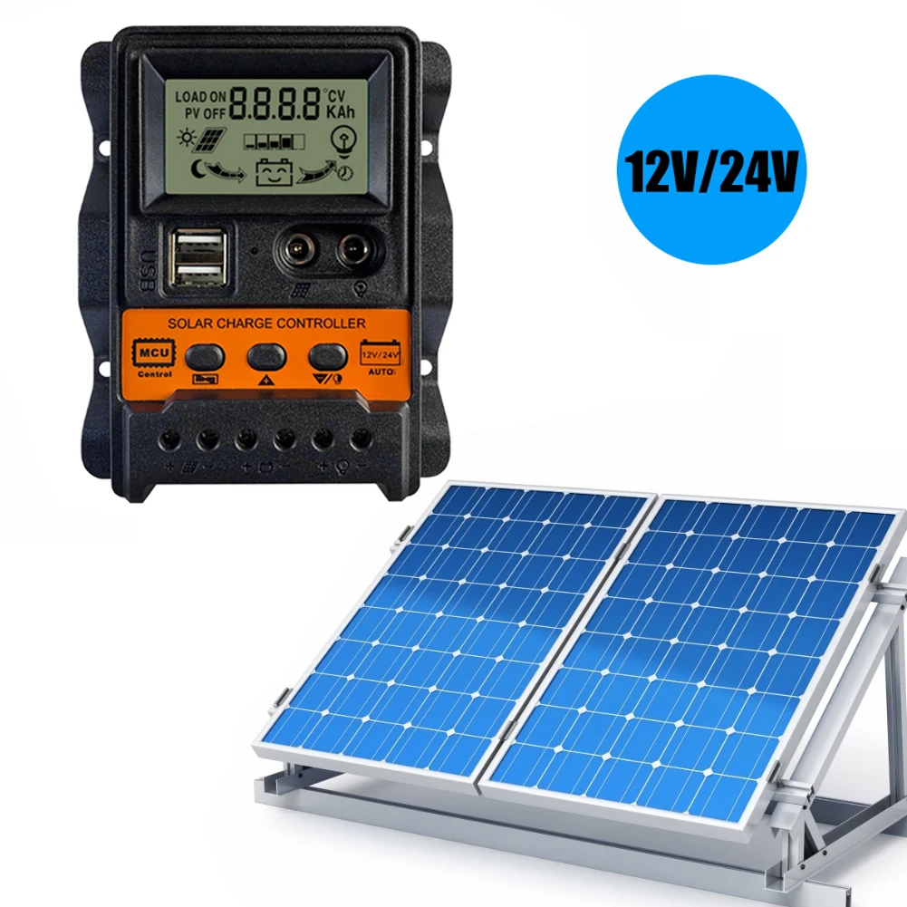 ควบคุมแสงแรงดันไฟฟ้า 12V 24V 3 ขั้นตอนการจัดการการชาร์จแผงควบคุมพลังงานแสงอาทิตย์ USB จอแสดงผล LCD