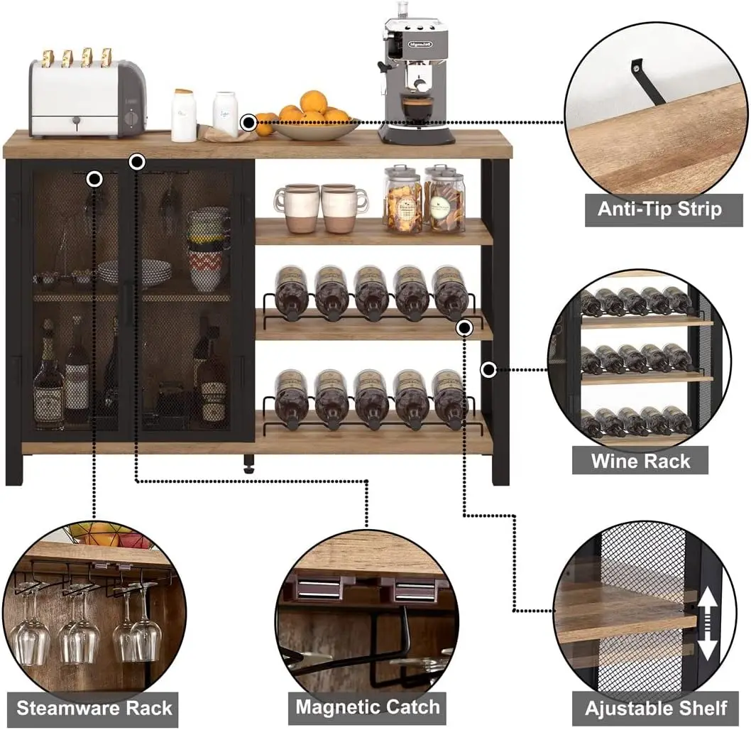 Armário de bar com armazenamento, armário de bebidas industrial para casa, aparador de buffet com rack de vinho e rack de vidro