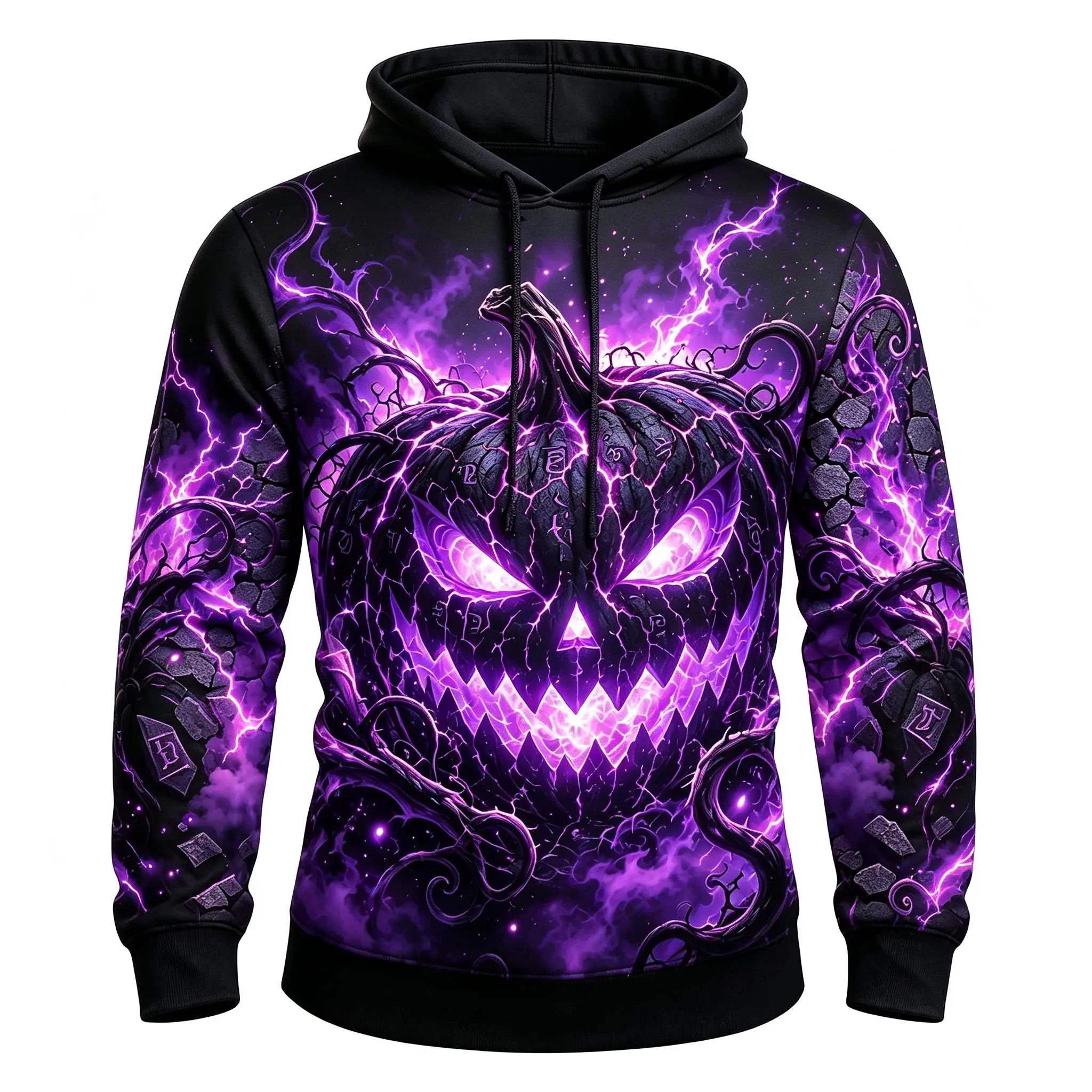 Men's Purple Lightning Magic Pumpkin Full Print Hoodie Halloween Gothic Long Sleeve Hooded Sweatshirt For Streetwear