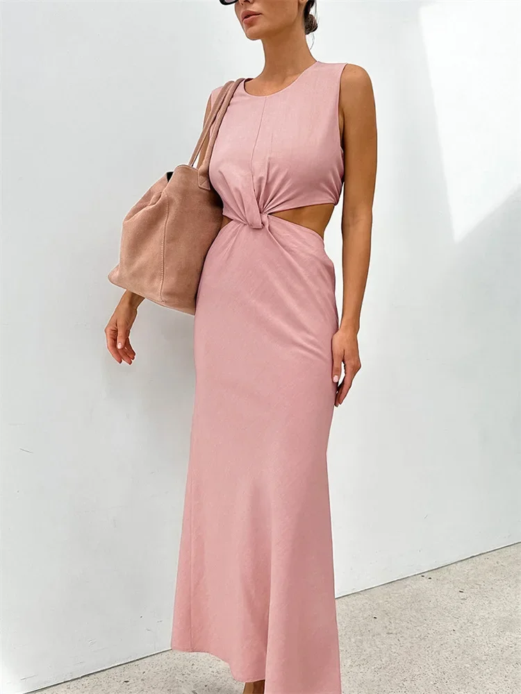 

Elegant Patchwork Fashion Maxi Dress For Women Twist Summer Slim High Waist Hollow Out Party Looks Female Long Dress New