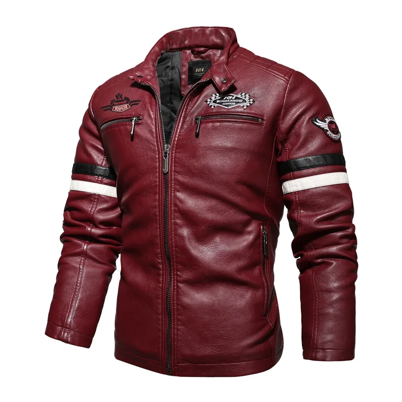 Autumn Winter Embroidery Motorcycle Racing Leather Jacket Men Color Block Patchwork Faux Men's Thin