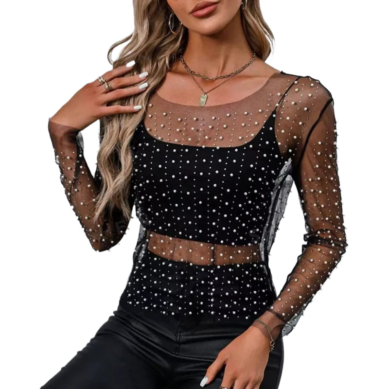 Damen Strass-Transparent-Netz-Top Funkelndes Perlen-Transparent-T-Shirt Bluse Sexy Clubwear Party Festival Rave Konzert Y2K Outfits – Detail 1
