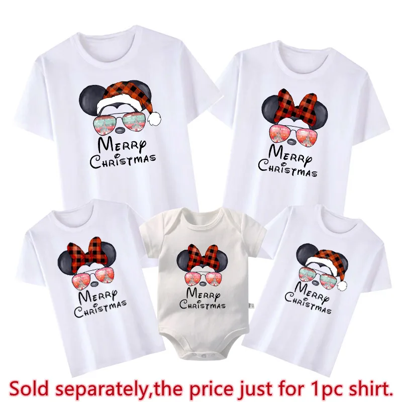 Disney Christmas Shirts Funny Santa Hat Mickey Minnie Mouse Print Family Matching Outfits Cotton Dad Mom Kids Tees Baby Rompers