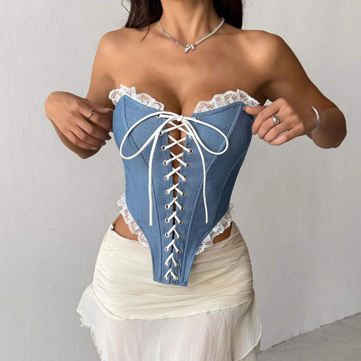 

Faux Denim Corset Drawstring Lace Fishbone Tops Women's Sexy Sleeveless Shapwear Vests Y2K Bustier Slim Tank Top Summer Camisole