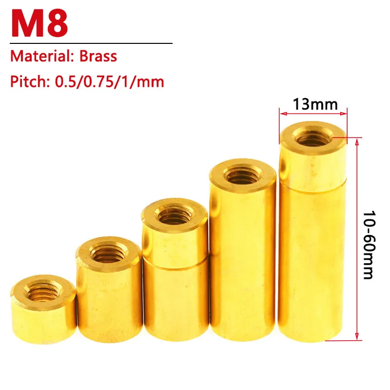 

1pc M8 Fine Thread Brass Round Coupling Nut Female Thread Cylindrical Stud Standoff Sleeve Double Pass Hollow Pillar Width 13mm