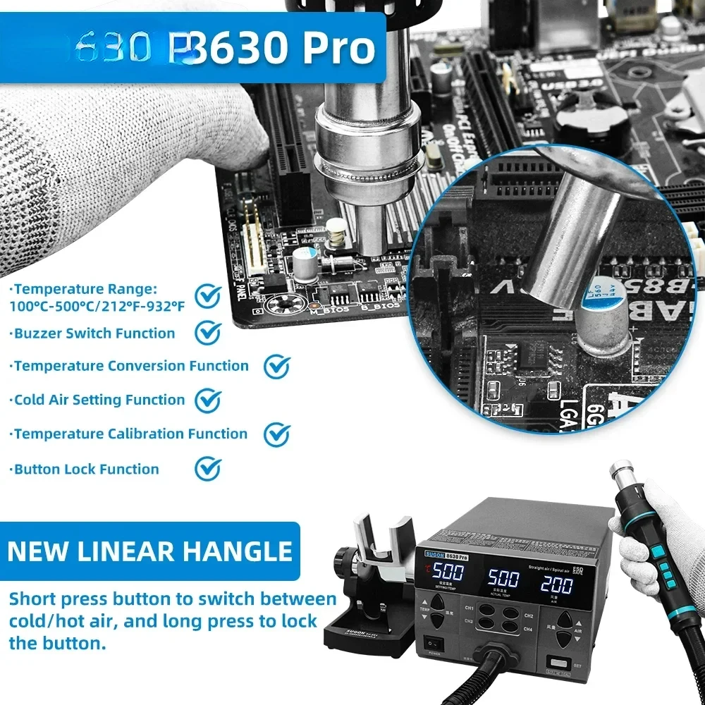 2024 SUGON 8630Pro 1300W Pistola ad aria calda Display digitale BGA Rilavorazione Ugello curvo Saldatura Stazione dissaldante di riparazione