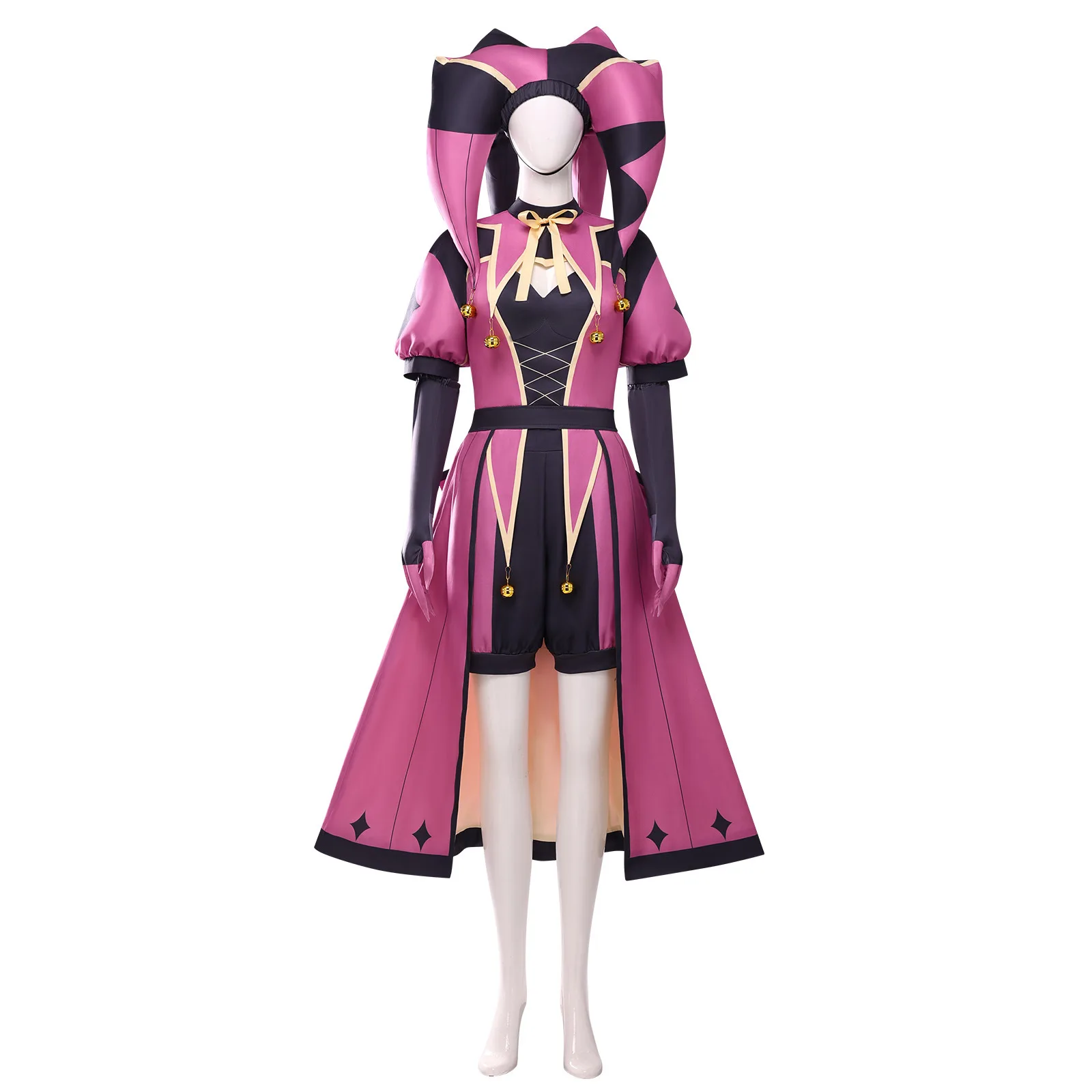 Women Freak Circus Columbina Pink Clown Cosplay Costume, Yandere Horror Scary Halloween Outfit, Circus Ticket Print Themed Suit view 3