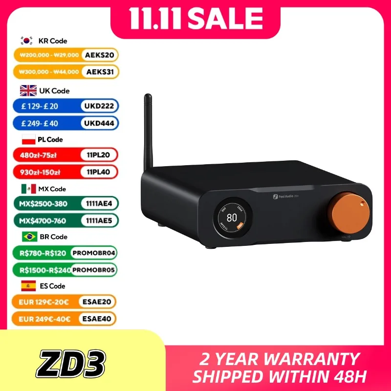 Fosi Audio ZD3 Bluetooth USB 데스크탑 DAC ARC 입력, ES9039Q2M 원격 기능이 있는 스테레오 증폭기용 완전 밸런스 디지털 디코더