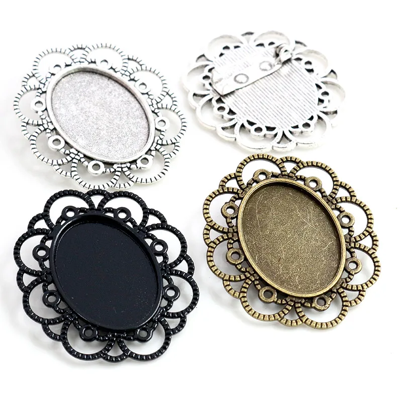 5pcs 18x25mm Inner Size Antique Silver Plated Black Bronze Brooch Pin Flower Cameo Cabochon Base Setting