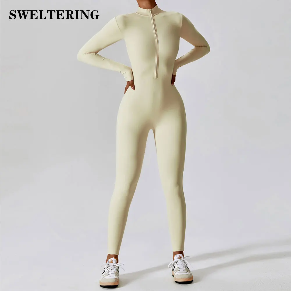 

Women's One-Piece Suit Zipper Nude Long Sleeve Yoga Set Gym Clothes Workout Boilersuit High Strength Sportswear Fitness Bodysuit