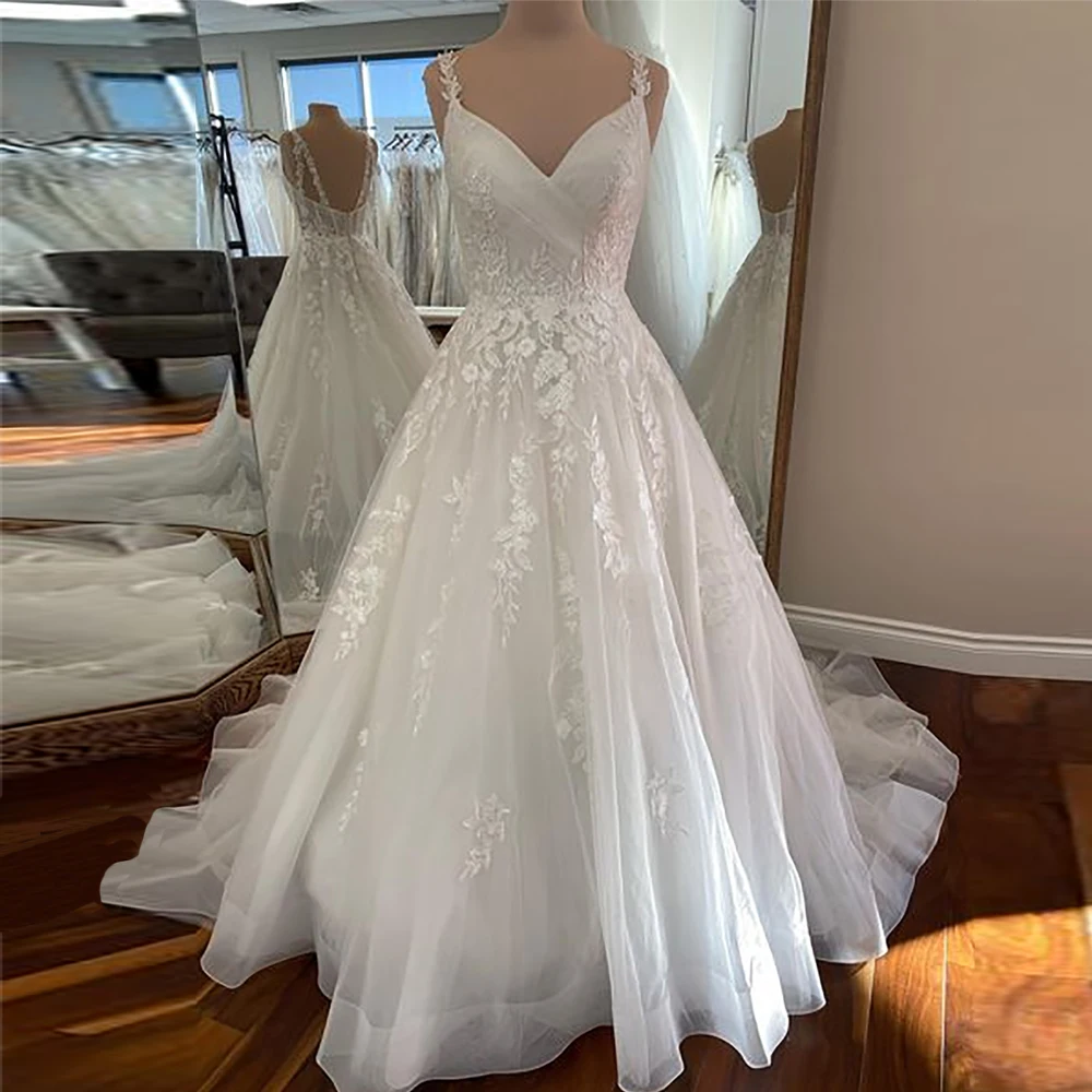 BEPEITHY-vestidos de novia personalizados de color marfil con cuello en V y tirantes finos para mujer, cola de corte de encaje, corte en A, vestido de novia blanco 2023