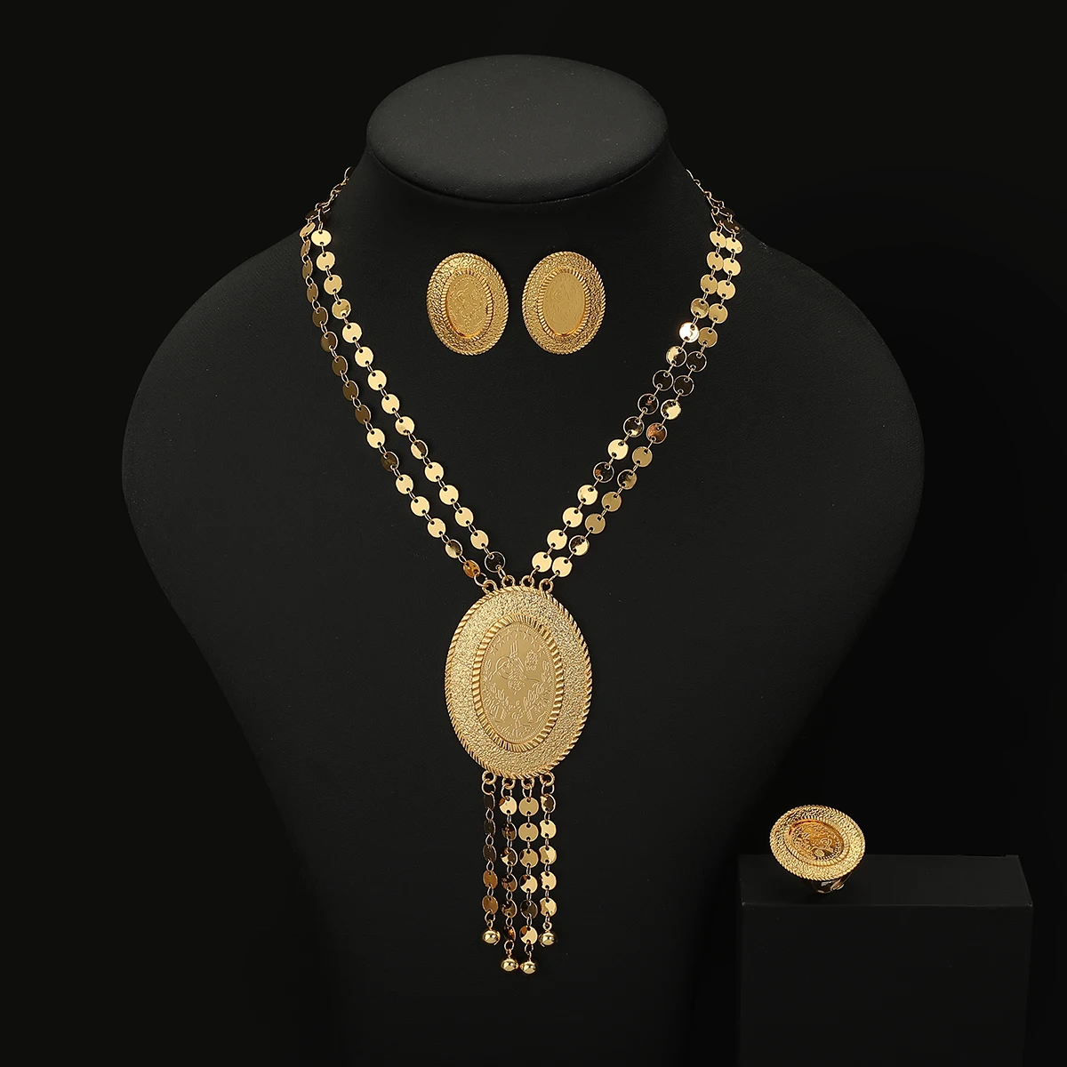 

Golden coins tassels large pendant necklace Arabic lucky totem luxuriy for Women's Ring Earrings Necklace Wedding Bridal set