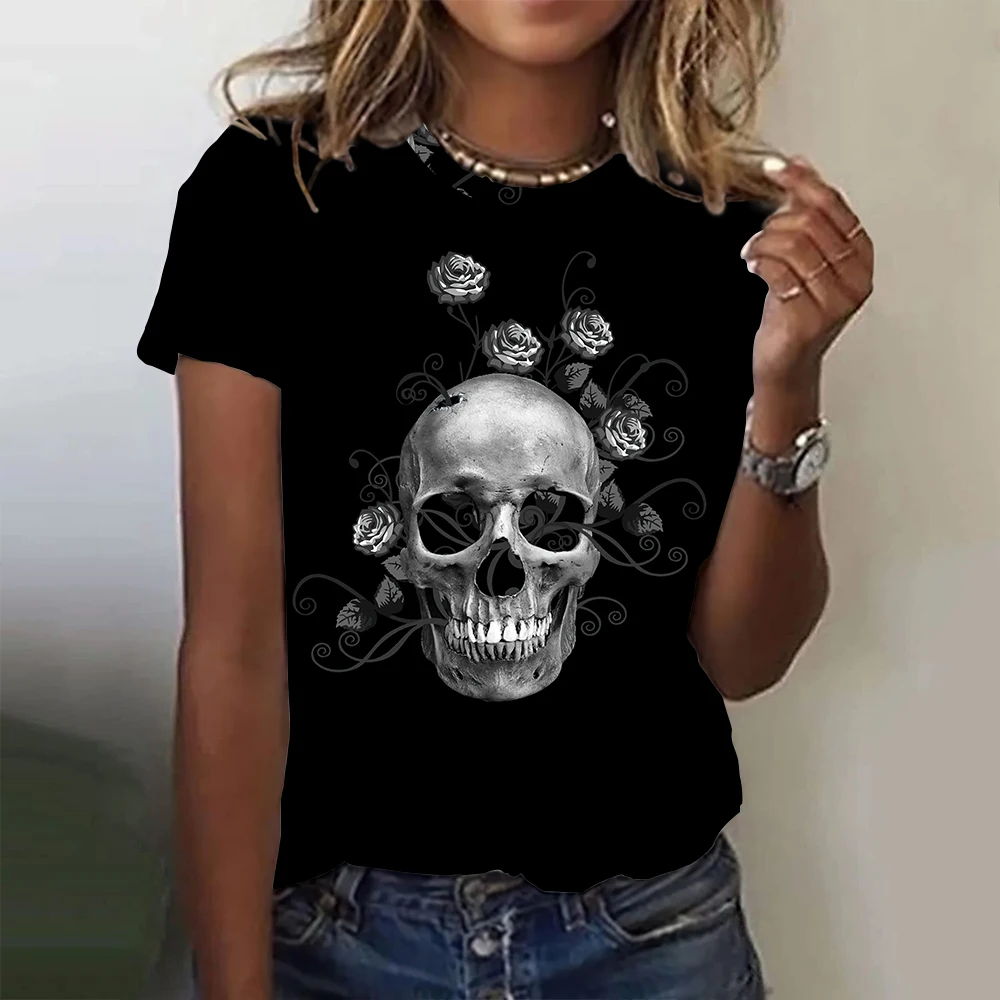 Fashion Women's T-shirts 3D Skulls Wings Print Short Sleeves Tees Summer Casual Trend Female Clothing Loose Tops Streetwear