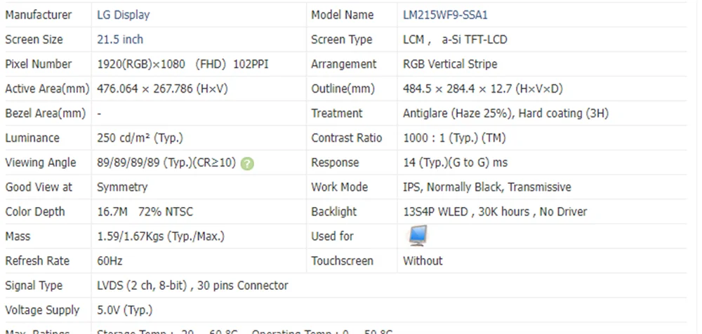 LM215WF9 SSA1 LM215WF9 SSA2 LM215WF9-SSB1 21.5 inch Laptop Screen LCD Display LED Screen Panel FHD 1920(RGB)x1080 60Hz 30pins