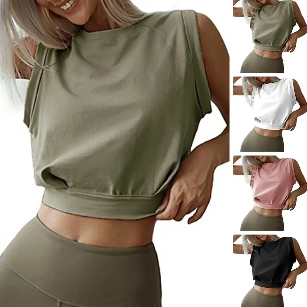 Women Summer Crop Top Sleeveless Round Neck Solid Color Vest Slim Fit Pullover Short Length Fitness Sports Female Clothing 여성상의
