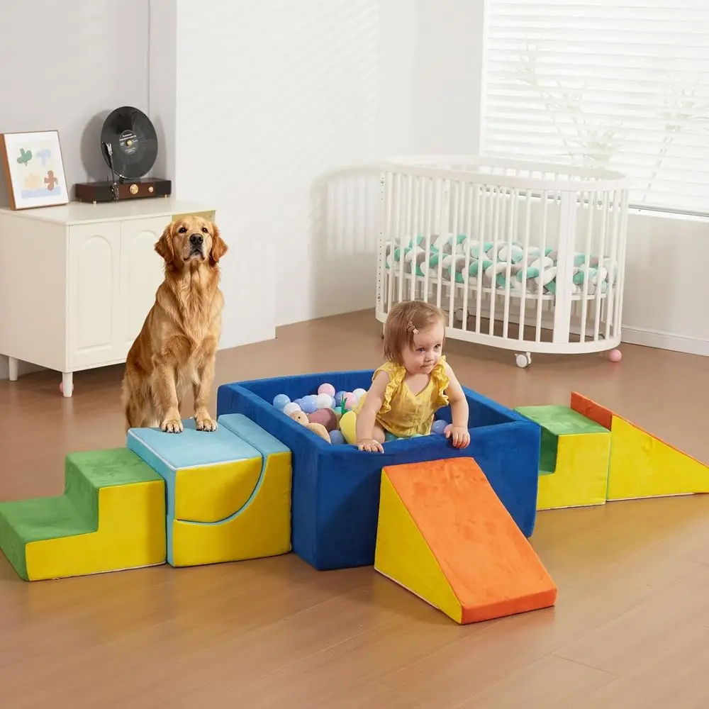 6-częściowy kolorowy zestaw miękkich piankowych klocków do wspinaczki z basenem z kulkami dla maluchów, wewnętrzna placówka edukacyjna do zabawy dla dzieci (kulki nie są dołączone)