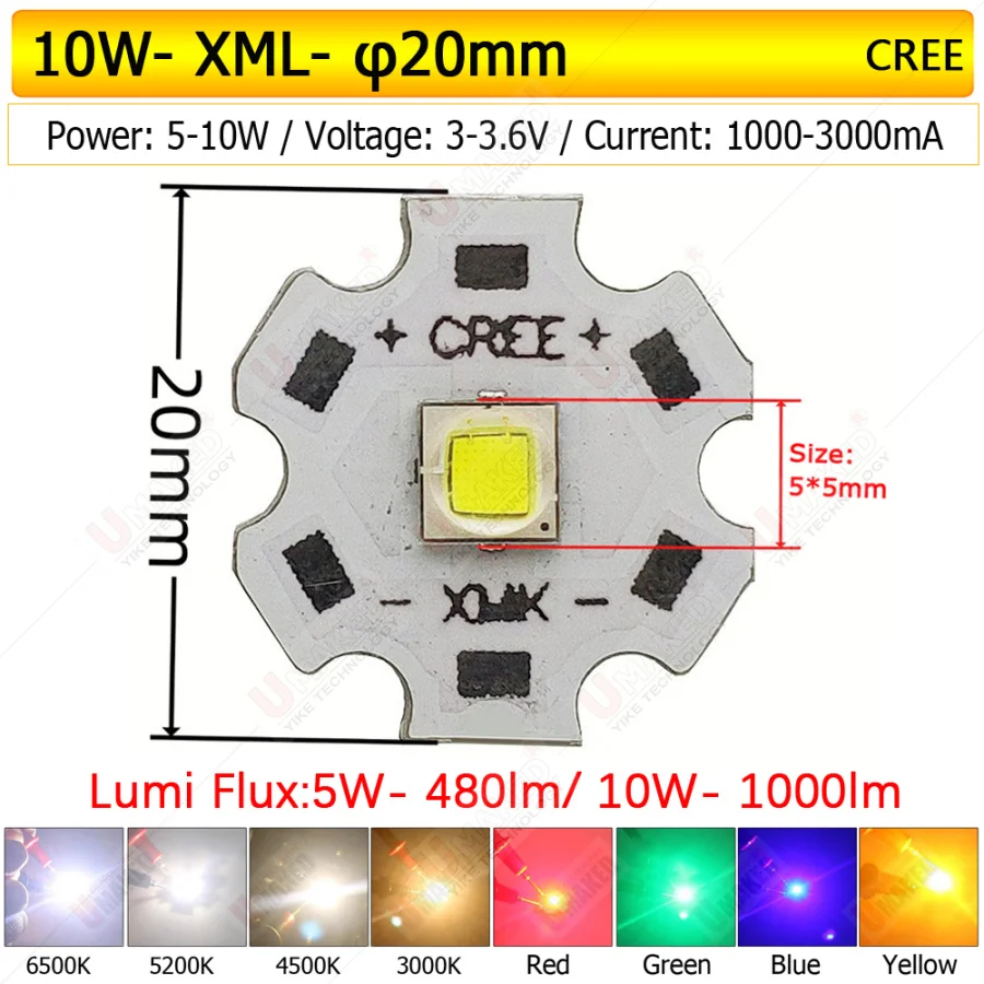 10W CREE XM-L2 LED light emitter diodes, WW/W/R/G/B/UV Light Power LED chip on 20mm 16mm PCB board Bead For Bicycle/Head lamp