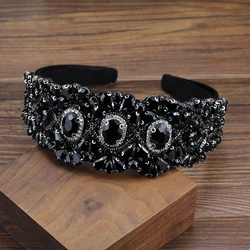 Wide Gorgeous Black Crystal Headbands Shiny Diamante Baroque Hairbands For Women Wedding Chic Luxury Hair Jewelry