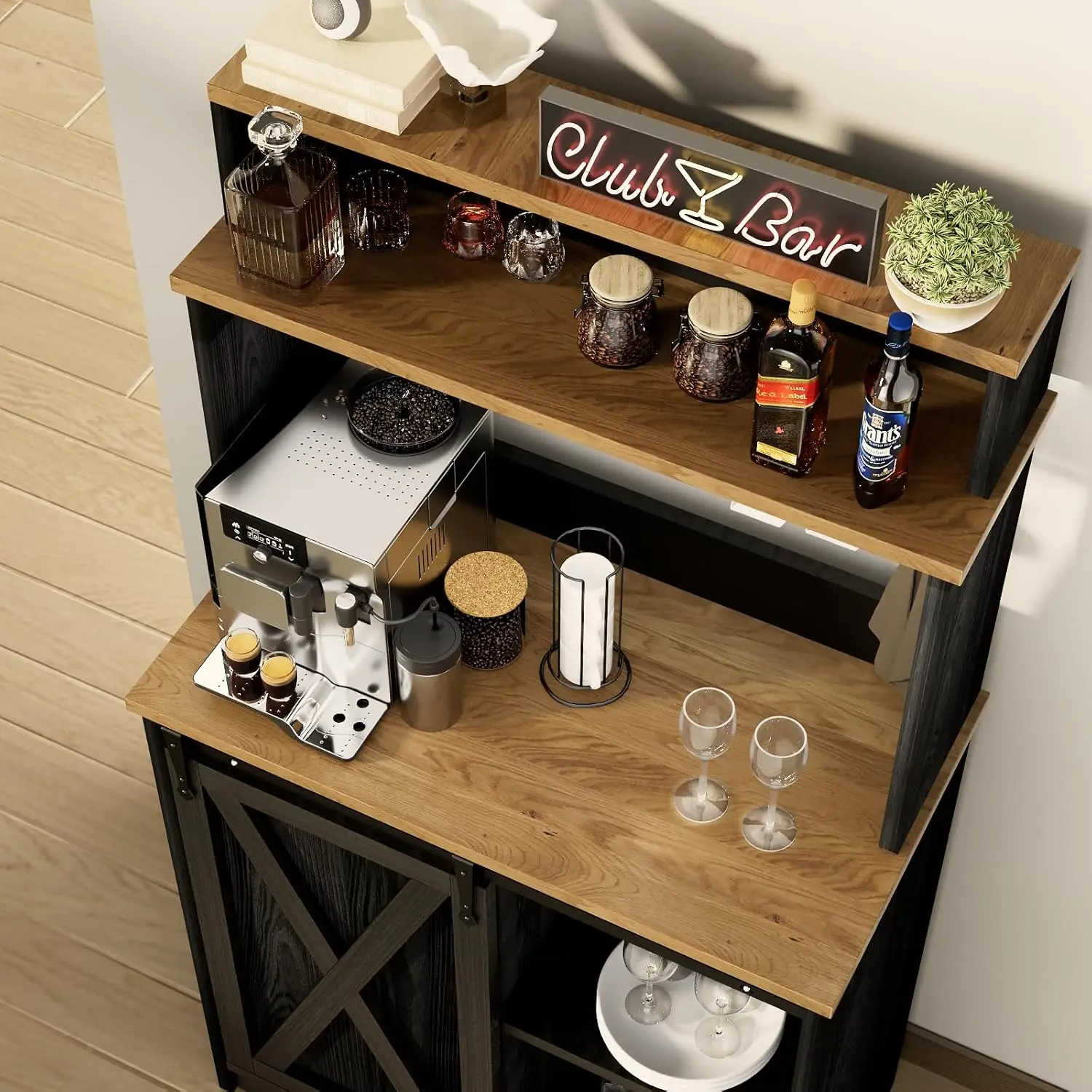 Barra de café de granja, almacenamiento de 3 niveles de 56' con estantes ajustables, 6 ganchos, estación de bar de cocina negra