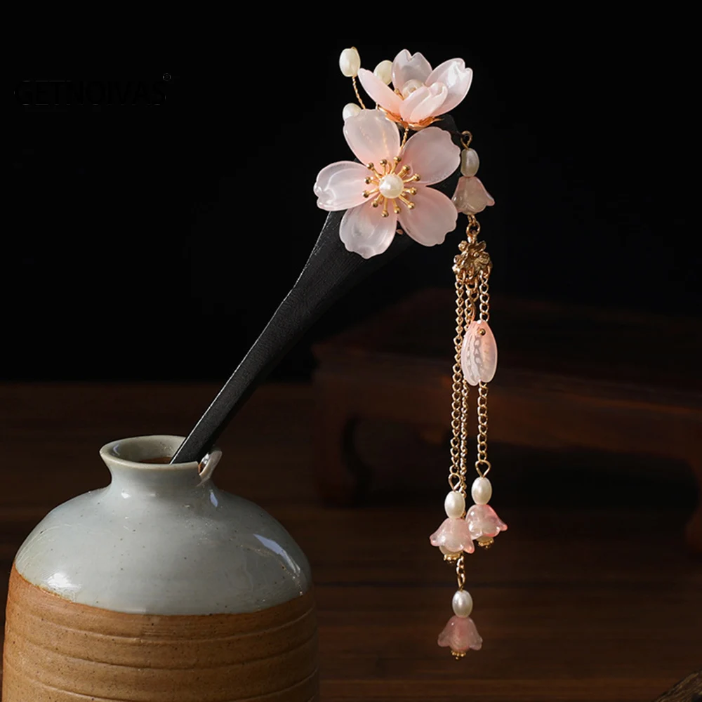 Handmade Hair Pins Wooden Hair Chopsticks Simulation Flower Decor Vintage Chinese Hair Stick Hanfu Headdress Hair Jewelry SL