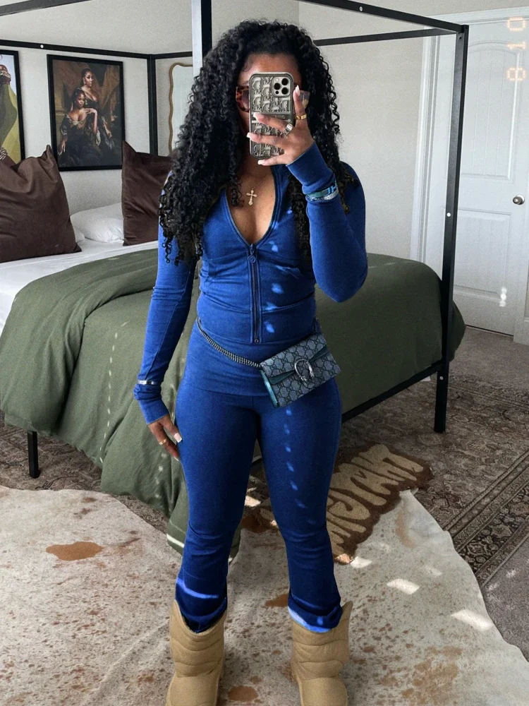 FAGADOER Jesienno-zimowe 2-częściowe zestawy damskie Outfit Casual Zip Pocket Crop Tops + Legginsy z wysokim stanem Spodnie Garnitury Jogger Streetwear — zdjęcie 2