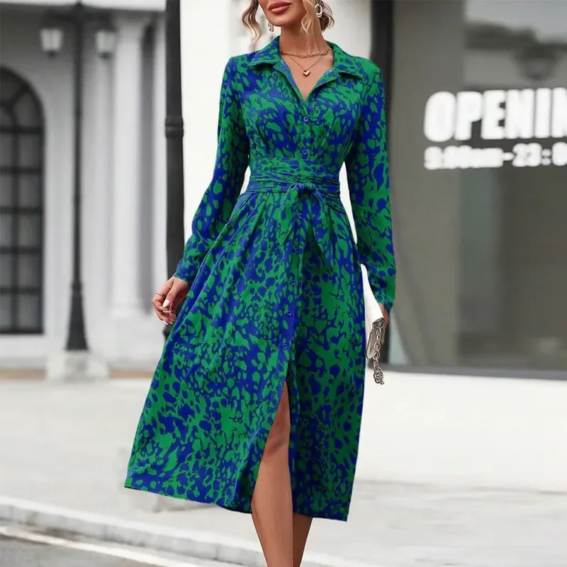 Dresses for Women Fashion Long Sleeve Print Women Dress Turn Down Collar Lace-up A-LINE Dress Women Vestidos De Verano Mujer Q48