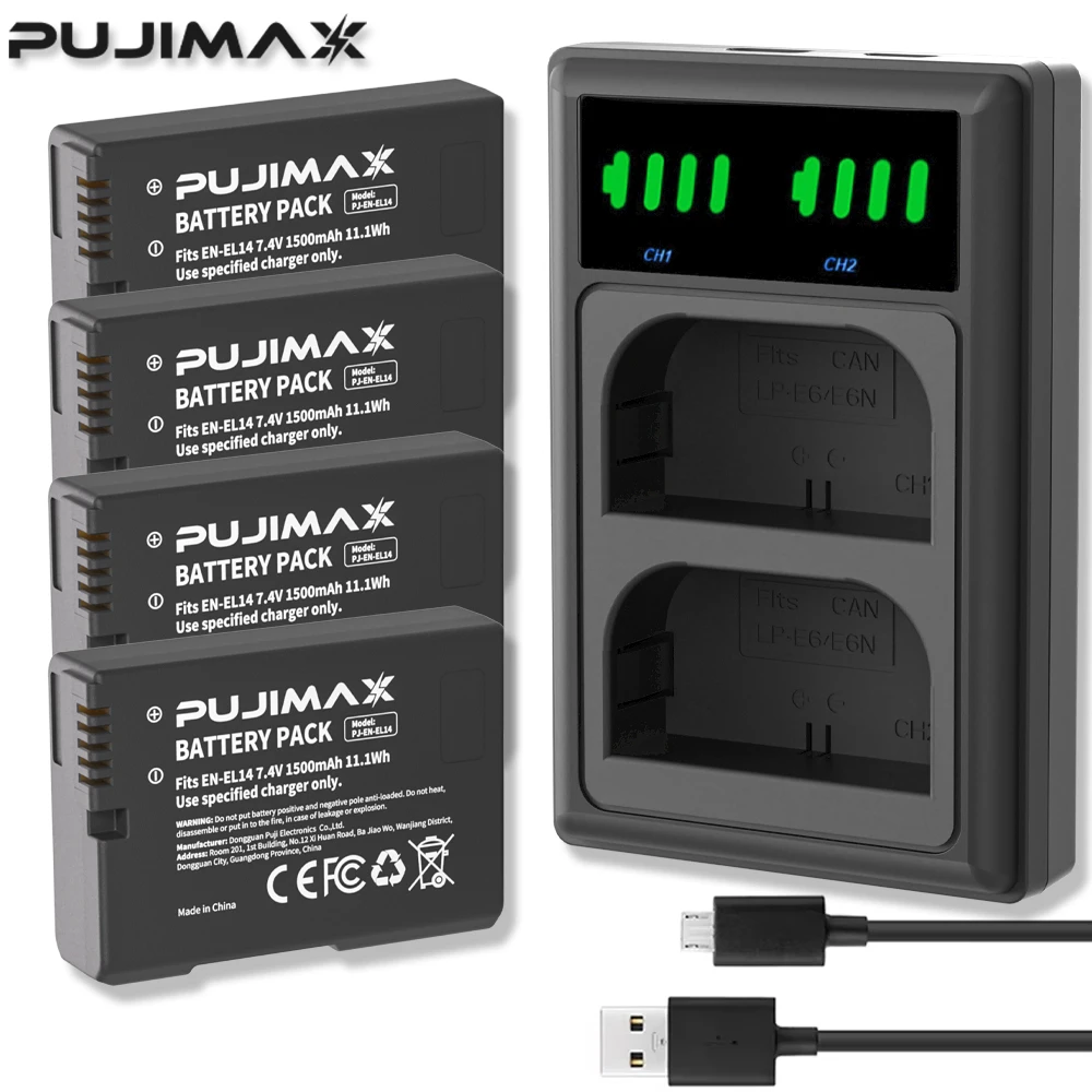 PUJIMAX EN-EL14 EN-EL14a ENEL14 EN EL14 EL14a Battery+LCD USB Dual Charger for Nikon D3100 D3200 D3300 D5100 D5200 D5300 P7000