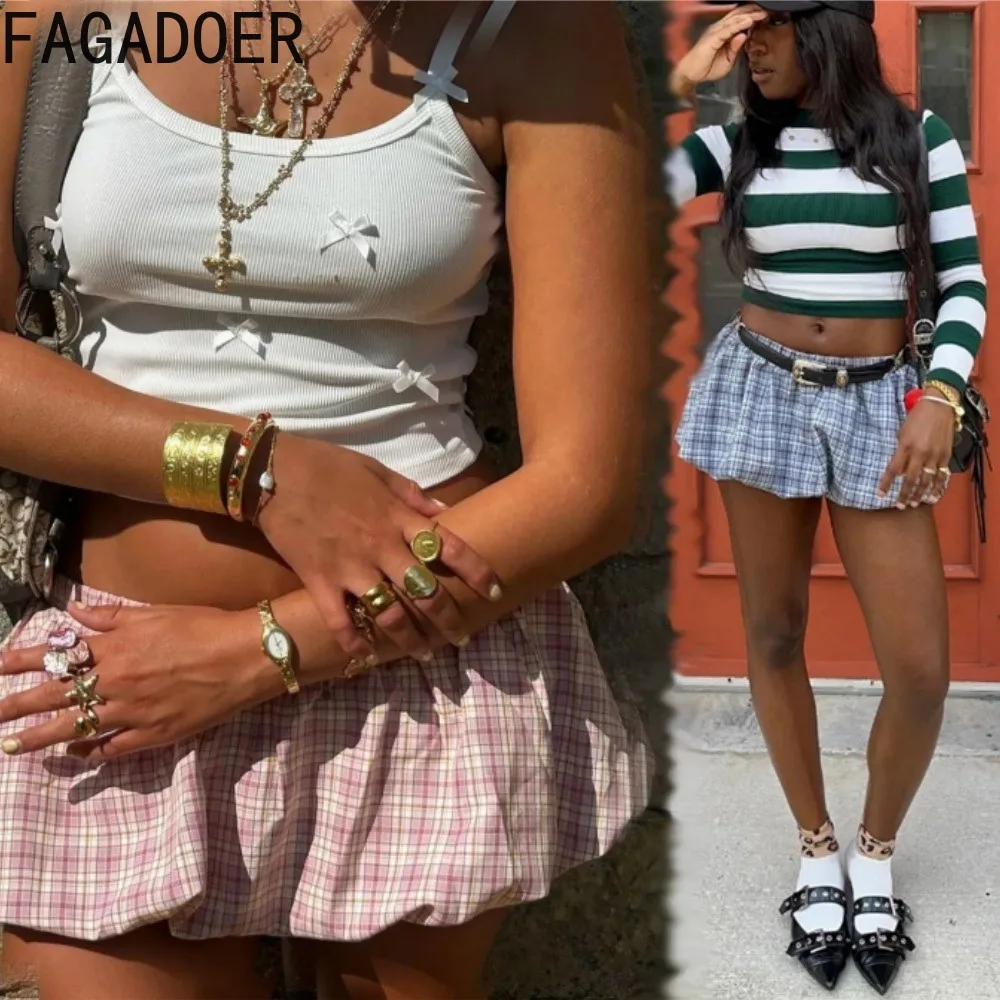 FAGADOER Sexy Mini Skirt Women Y2K Streetwear Classic Plaid Inside Shorts Puffer Bubble Skirt Fashion Female Bottoms 2025 New