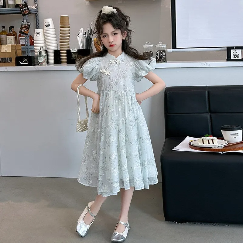 2024 Korean Summer Teenager Girl One-piece Dress School Girl Bubble Sleeve Flower Embroidery Dress Junior Girl Cheongsam Dress