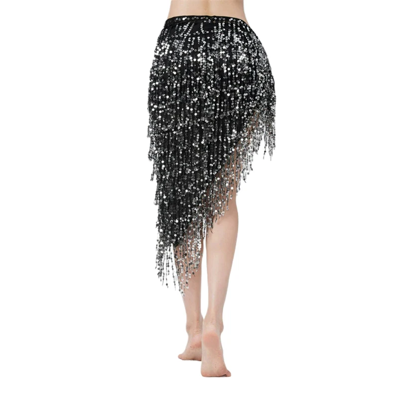 Bauchtanz-Hüfttuch für Damen, Pailletten-Quasten-Wickelrock, Asymmetrischer Hüftgürtel, Glänzender Schimmerrock für Festival, Party, Aufführung, Y2K-Tanz – Detail 2