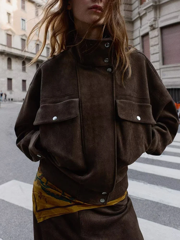 

European and American style autumn new fashion trend simple women's all-match fleece fabric leather effect loose jacket