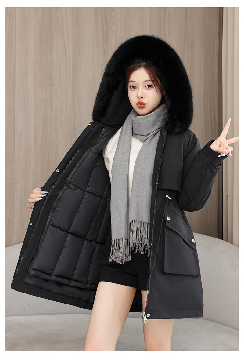 2026 New Winter Coat Down Padded Jacket Women Parkas Fur Collar Thick Hooded Cotton Coats Black Casual Outerwear Female Clothes