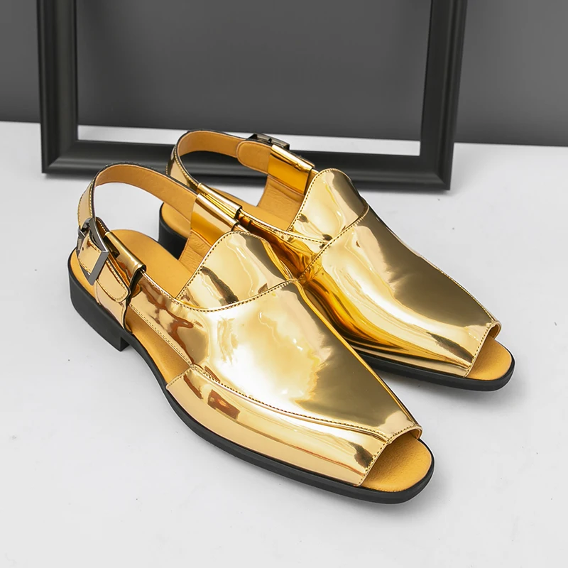 Summer Men's Casual Shoes High End Patent Leather Sandals Luxury Open Toe Roman Sandals for Man Designer Shoes Zapatos De Hombre