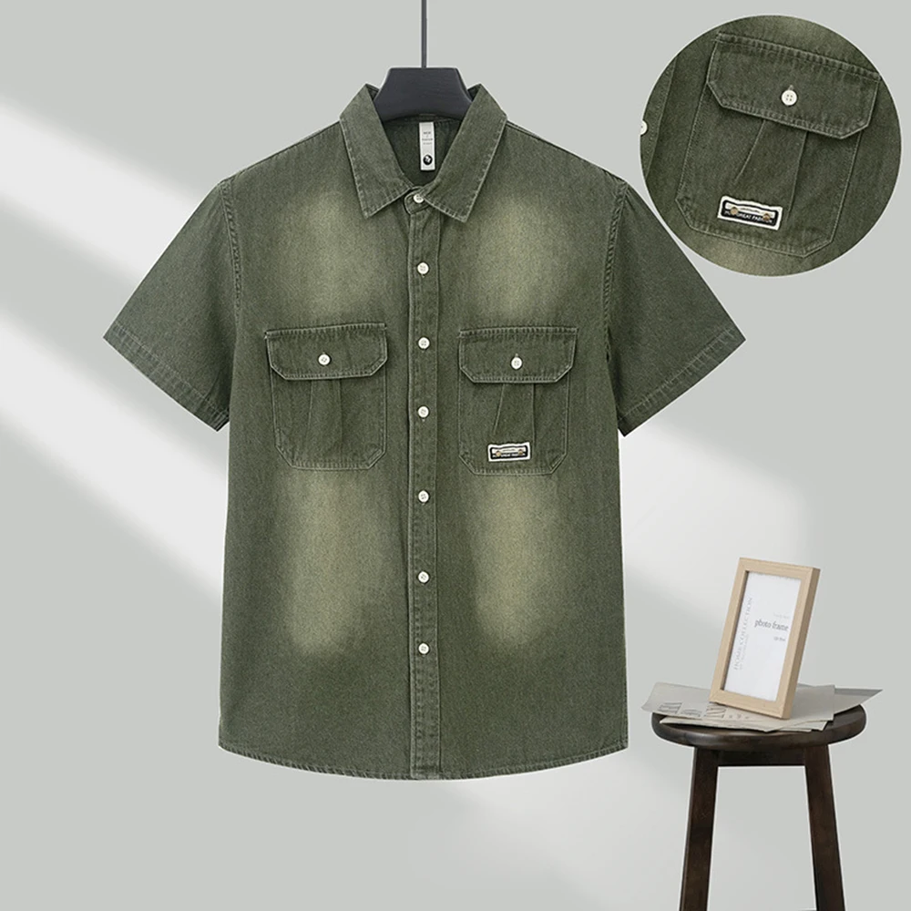 

Vintage Style Men's Denim Shirt Summer Double Pockets Single-Breasted Short Sleeve Loose Fit Casual Lapel Oversize Outerwear