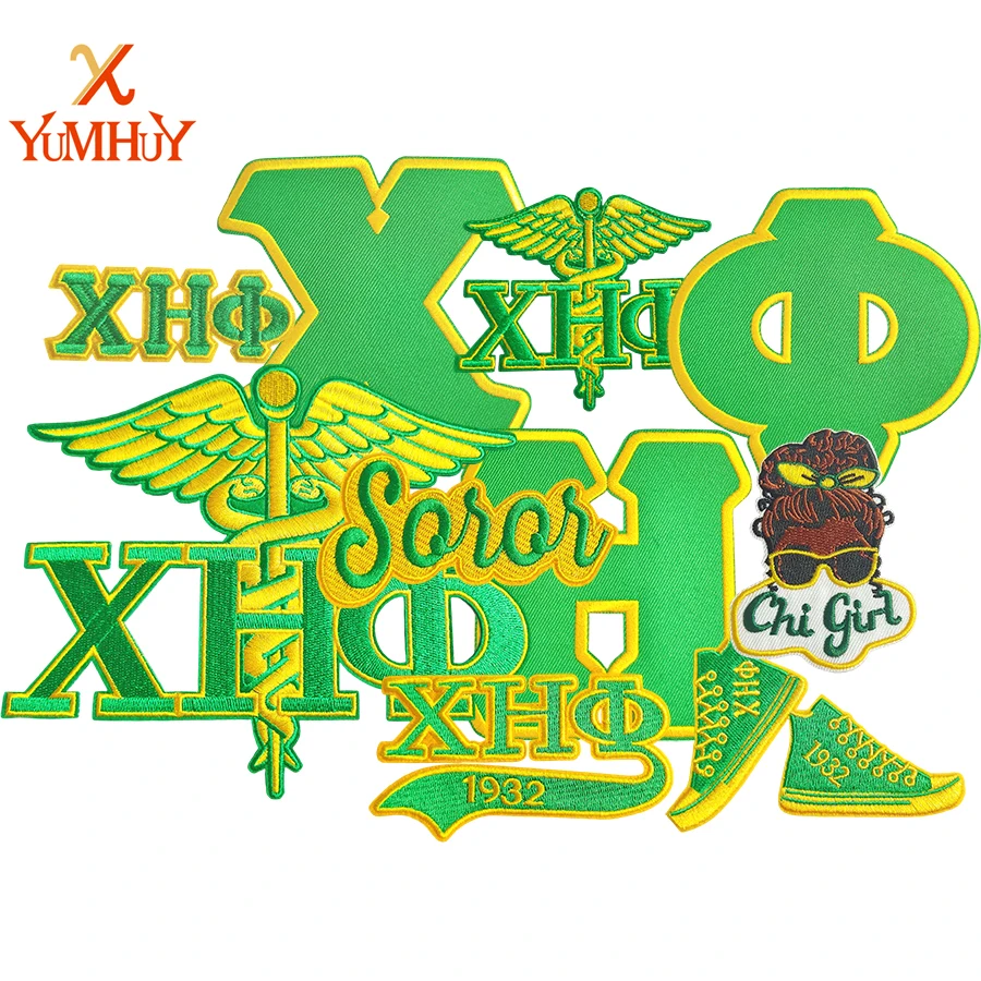 1932 chi eta phi verde amarelo ferro-em remendo bordado emblemas da fraternidade grega tênis padrão diy jaqueta boné saco enfeite