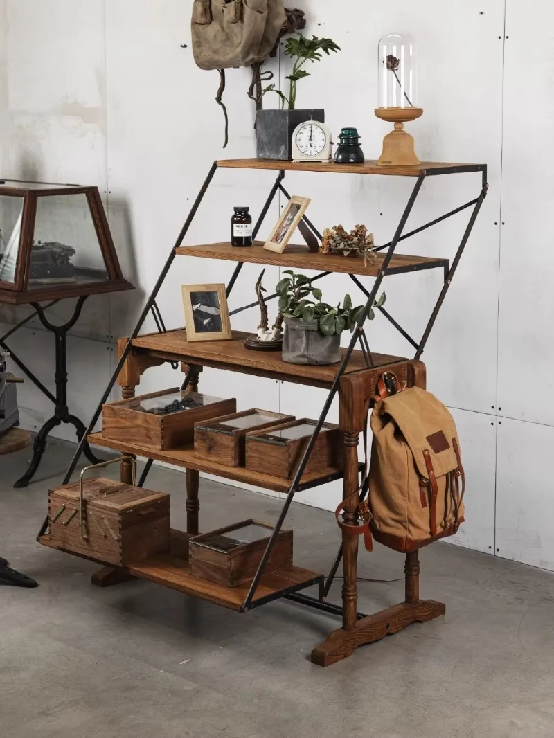 Retro folding and deforming shelves, multi-functional and creative multi-layer solid wood display shelves