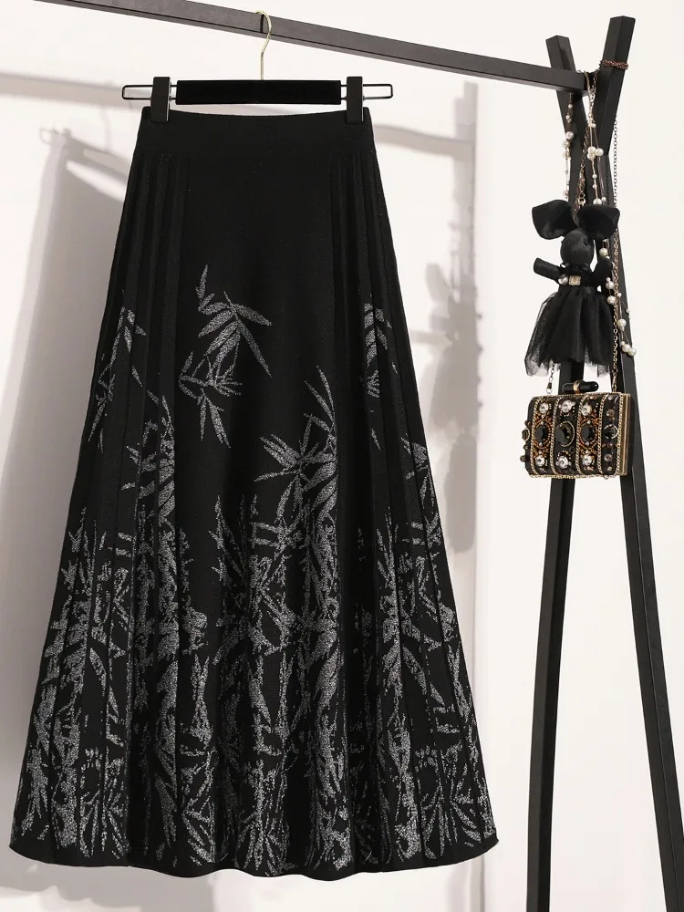 

High Waist Knitted Midi Skirt for plus Size Women Casual Sle Bla A-Line Skirt Spring Faion Chinese National Sle