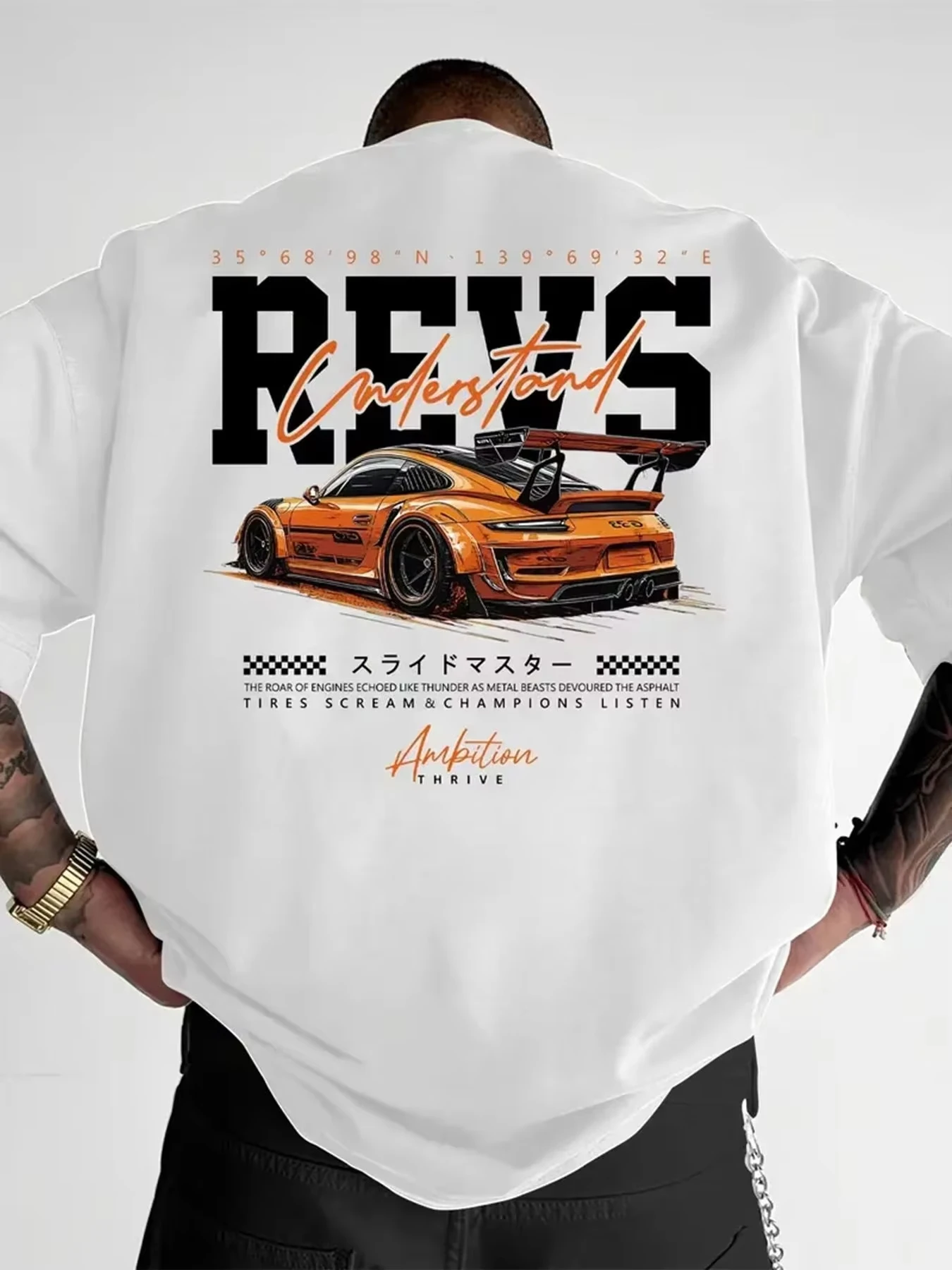 Orange Sports Car Graphic with REVS Text Print on Premium Soft Cotton Men's and Women's T Shirt Summer Urban Streetwear Style