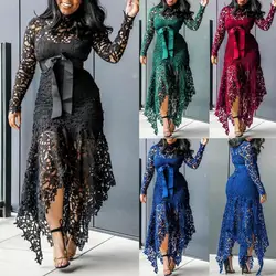 Lace Bow Belted Women Dress Elegant Long Sleeve Irregular Hem Women Bodycon Party Long Dress Vintage Wedding Evening Party Dress