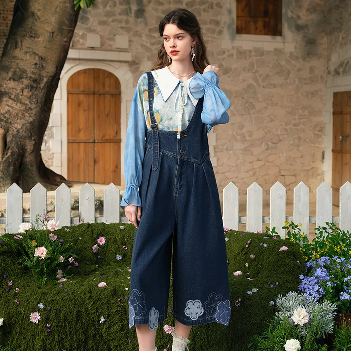 Blue Floral Embroidered Asymmetrical Denim Overalls for Women