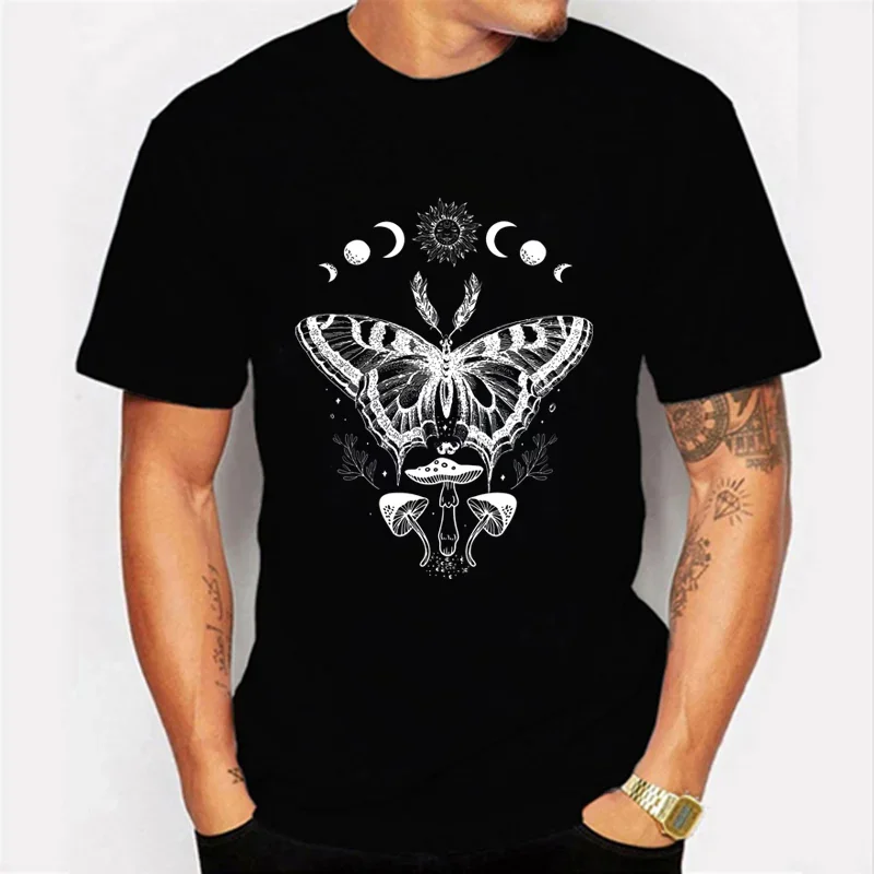 

Men's T-shirts Moth Mushrooms Cottagecore Insect Bug Sun and Moon Vintage Aesthetic Indie Alt Graphic Art Classic Shirts Male