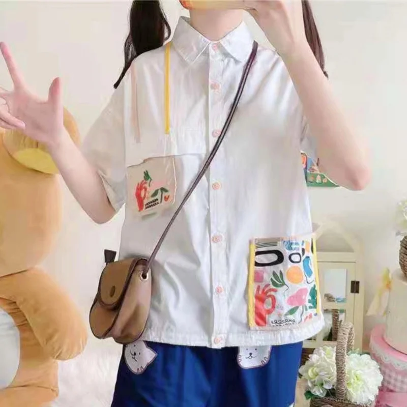 Harajuku Y2K Embroidery Cartoon Funny Lapel Shirts Summer White Cotton Single Breasted Shirt Preppy Student E-girl Kawaii Blouse view 5